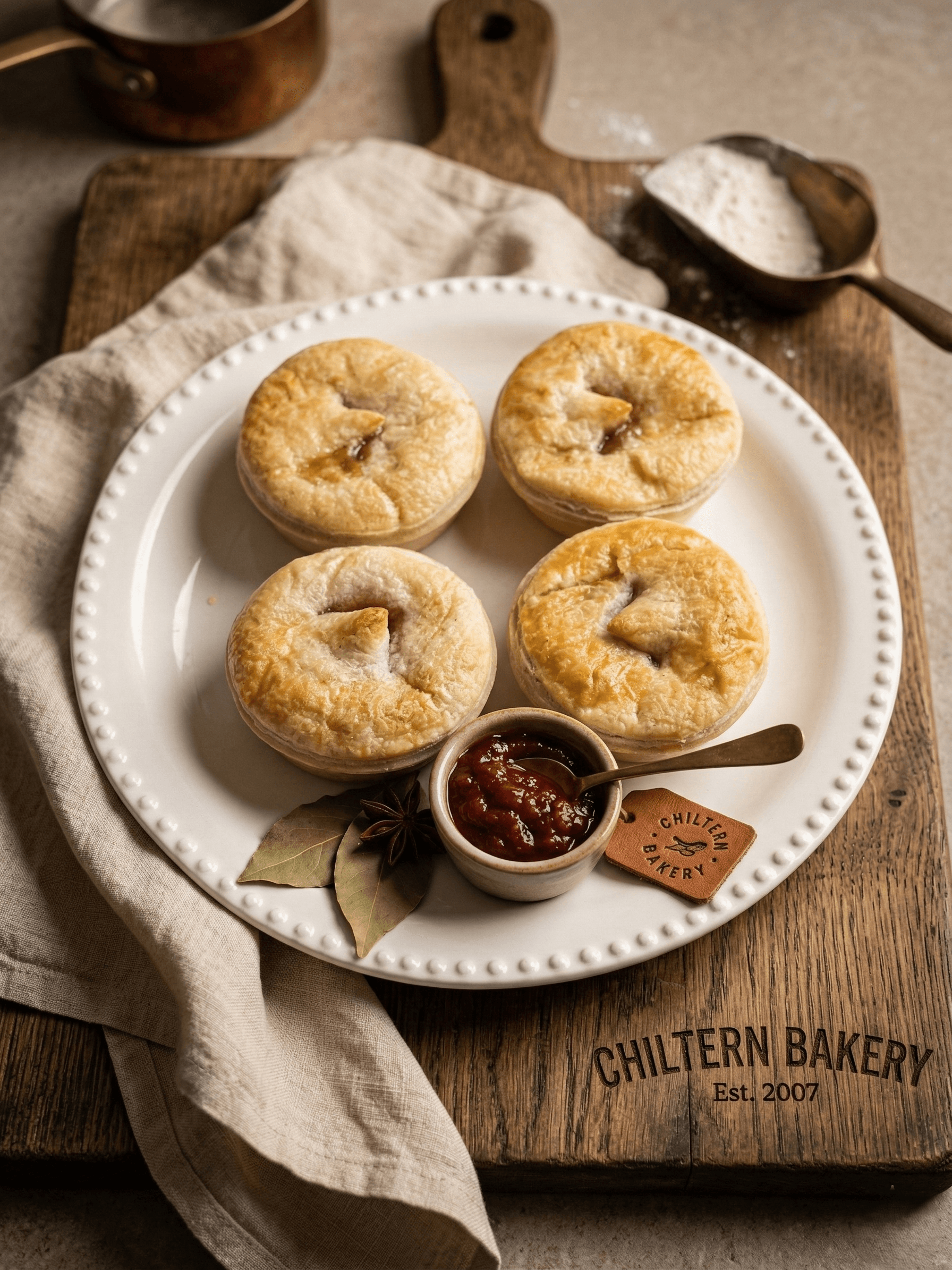 Tray of small golden bakery pies cooling on a dark metal rack in a warmly lit early-morning kitchen at Chiltern Bakery.